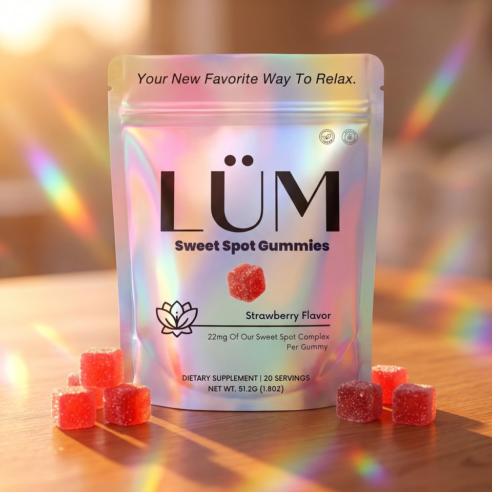 LÜM Sweet Spot Gummies pouch resting on a wood surface at sunset